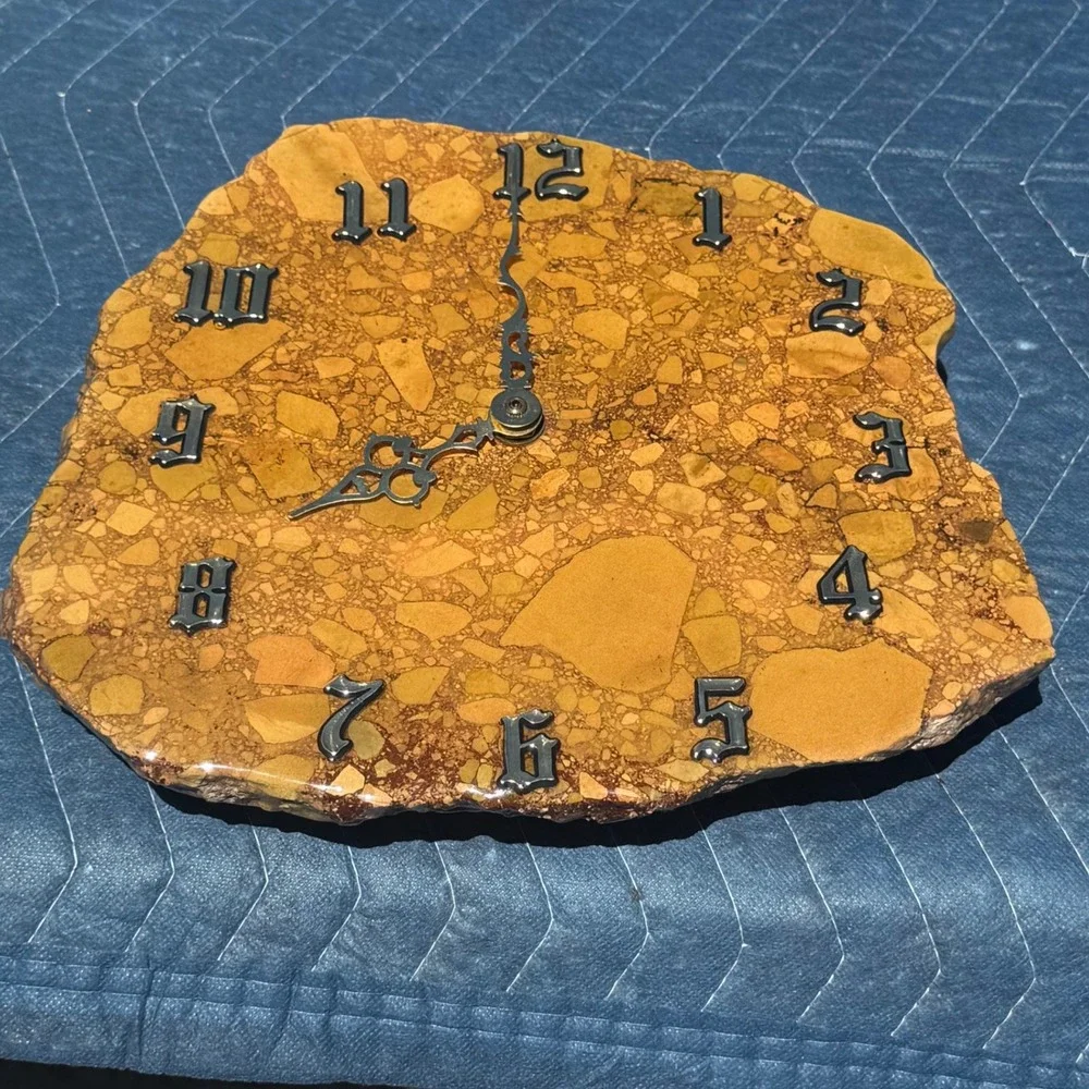 Vintage Natural Stone Slab Wall Clock Jasper Breccia Gothic Numerals 1990s Art